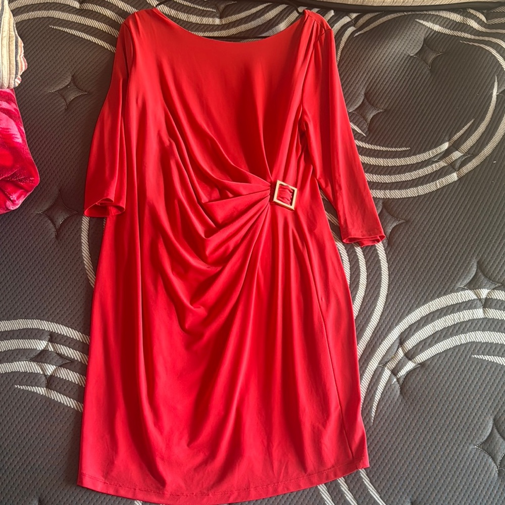 Tahari Red Asymmetrical Ruched Sheath Dress